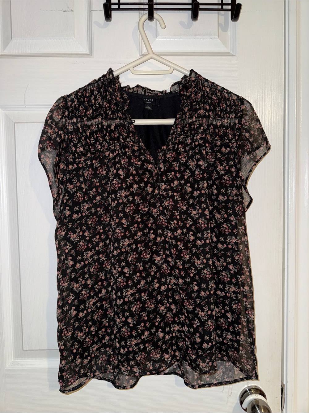 Smocked Yoke Black Blouse with Pink Floral Print